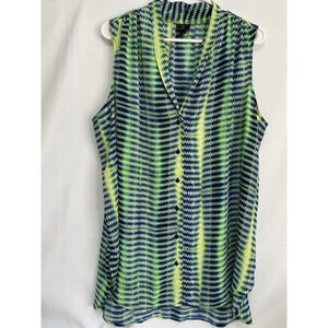 Worthington Sleeveless‎ Blue Green Yellow Black Button Down Women's Blouse Sz 1X